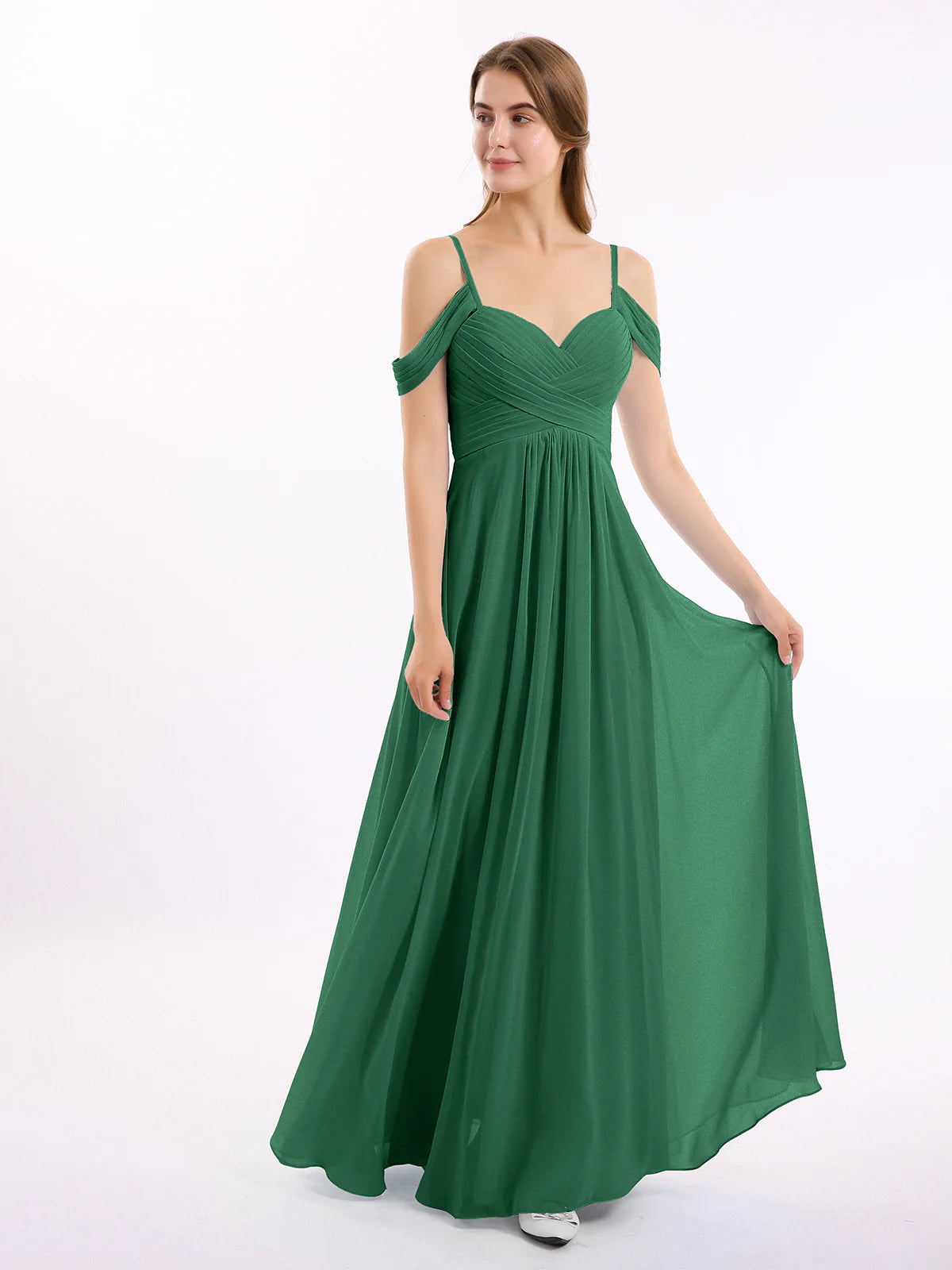 Off Shoulder Spaghetti Strap Sweetheart Ruched Chiffon Bridesmaid Maxi Dress