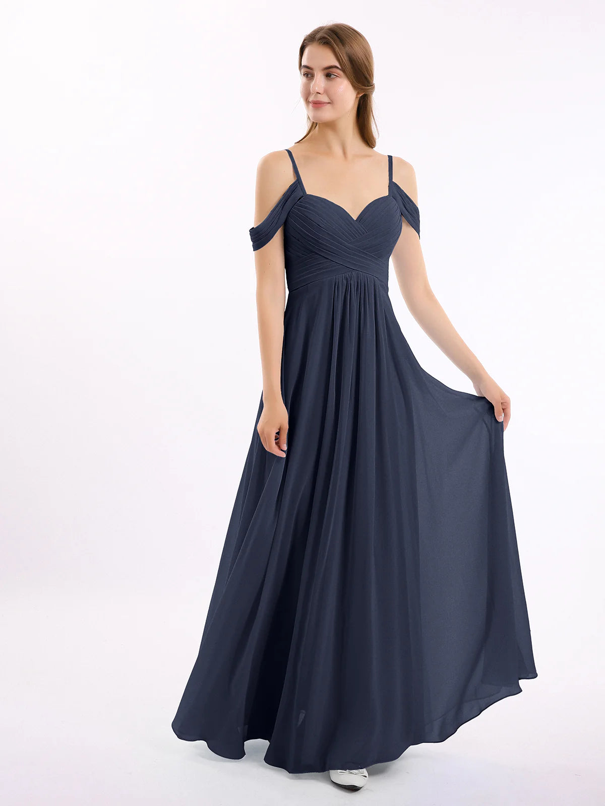 Off Shoulder Spaghetti Strap Sweetheart Ruched Chiffon Bridesmaid Maxi Dress