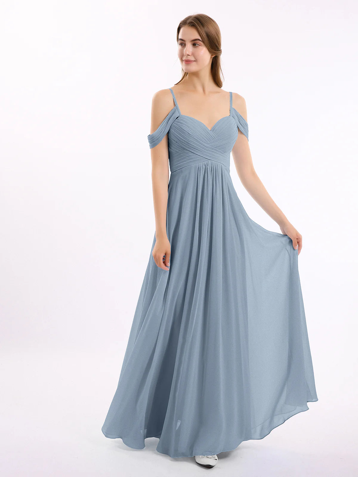 Off Shoulder Spaghetti Strap Sweetheart Ruched Chiffon Bridesmaid Maxi Dress