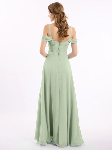 Back view of sage green chiffon bridesmaid dress with off-shoulder sleeves, ruched back bodice, zipper closure, and flowing floor-length skirt by Vedress