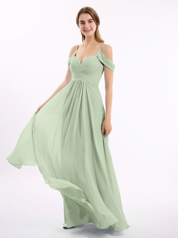 Off Shoulder Spaghetti Strap Sweetheart Ruched Chiffon Bridesmaid Maxi Dress