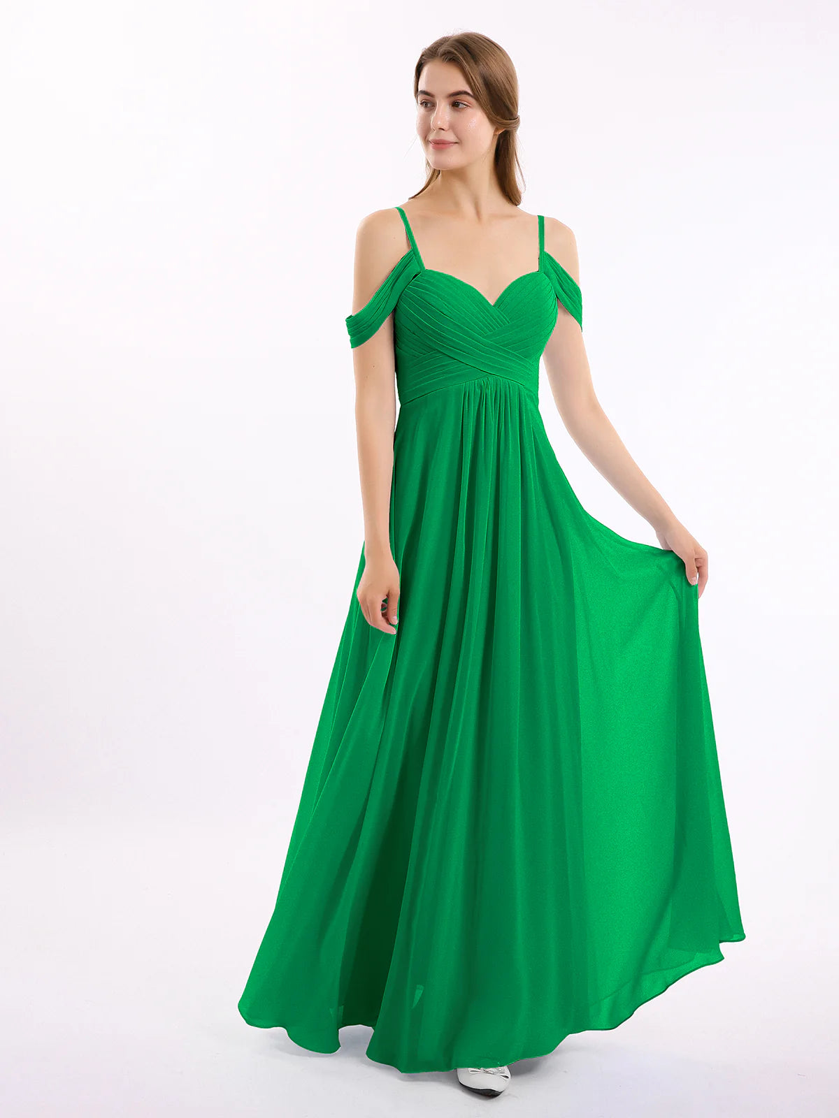 Off Shoulder Spaghetti Strap Sweetheart Ruched Chiffon Bridesmaid Maxi Dress
