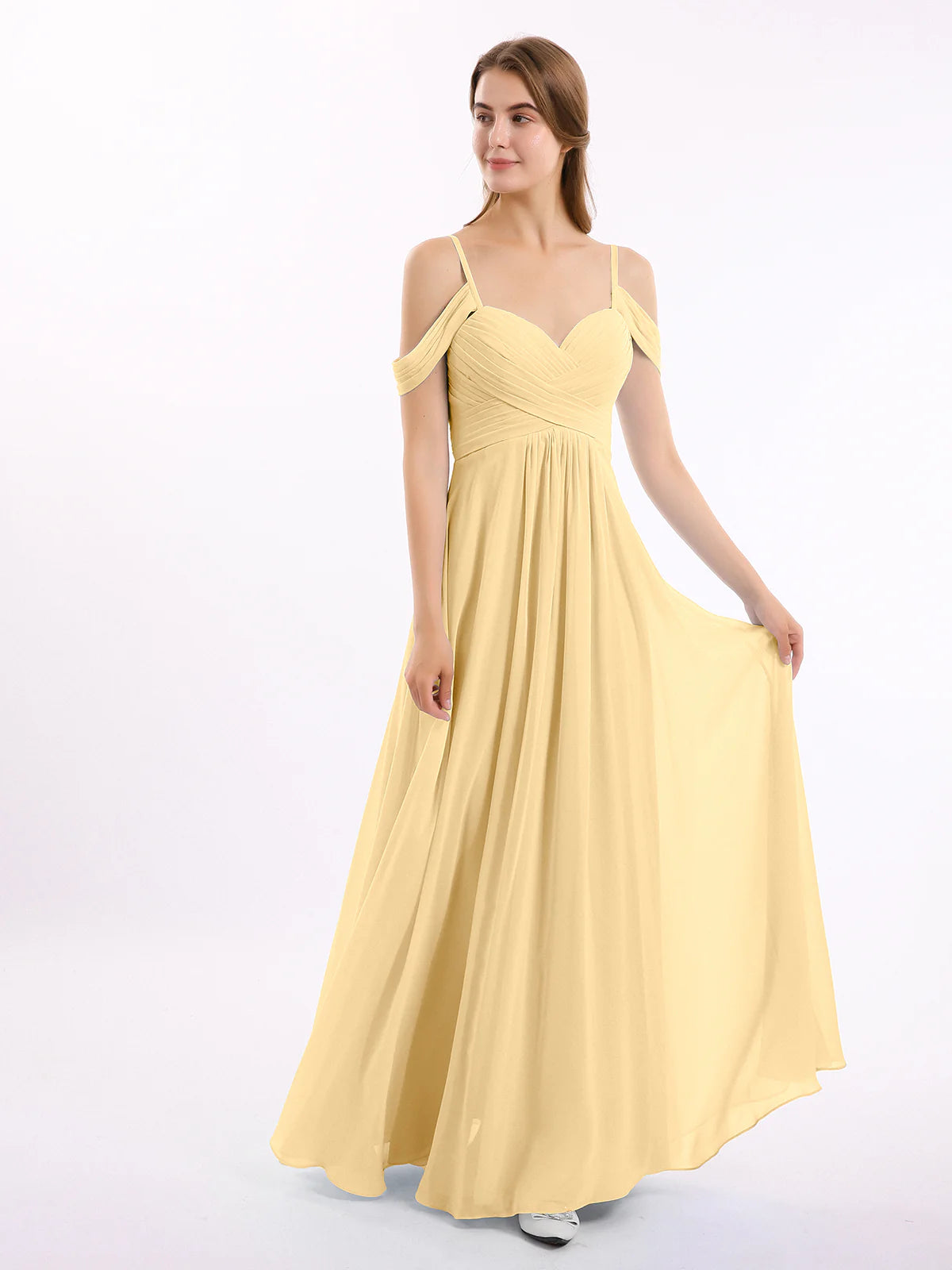 Off Shoulder Spaghetti Strap Sweetheart Ruched Chiffon Bridesmaid Maxi Dress