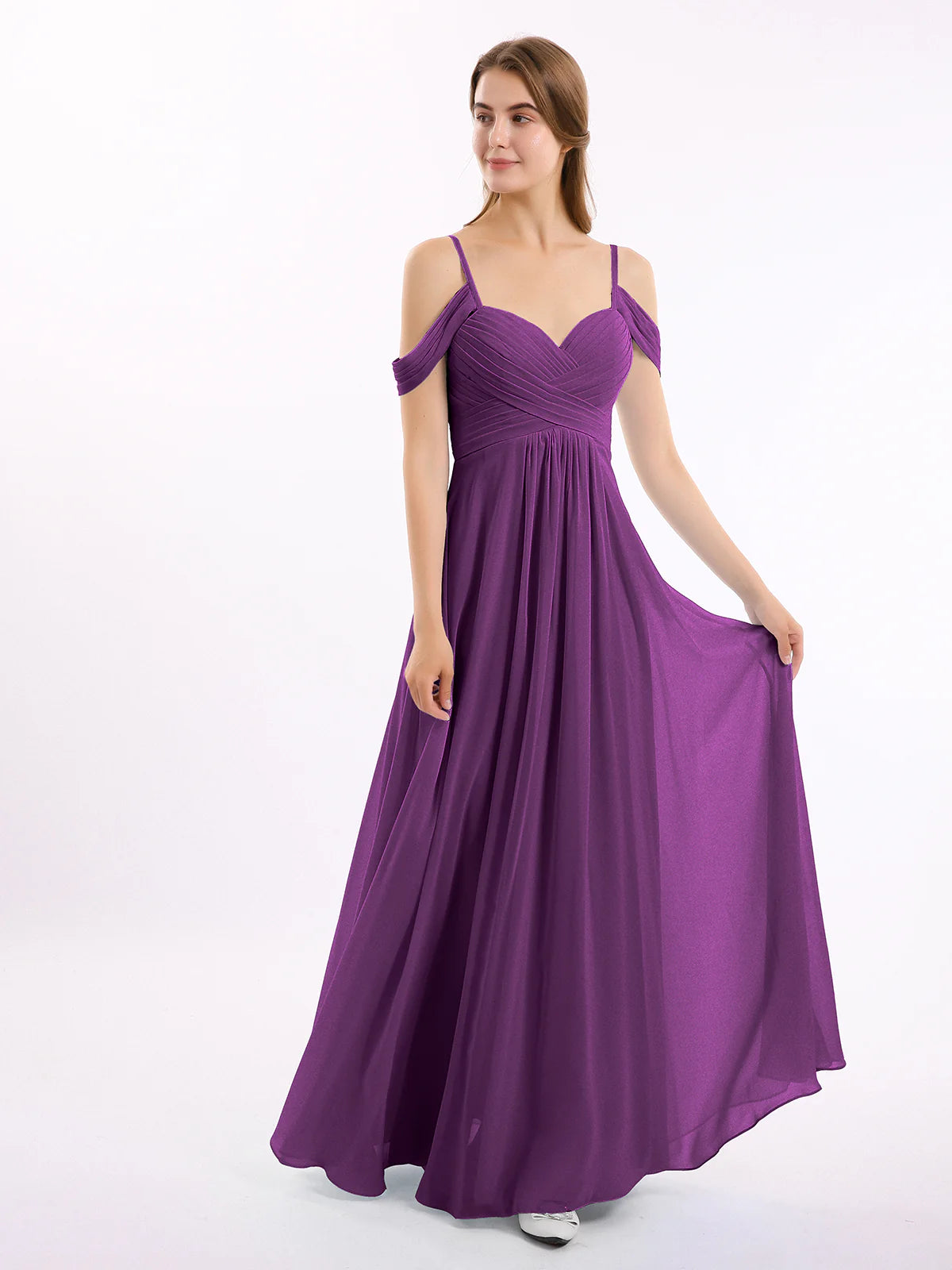 Off Shoulder Spaghetti Strap Sweetheart Ruched Chiffon Bridesmaid Maxi Dress