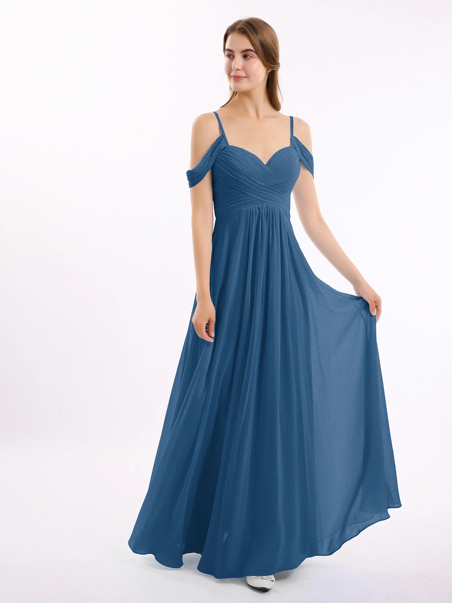 Off Shoulder Spaghetti Strap Sweetheart Ruched Chiffon Bridesmaid Maxi Dress