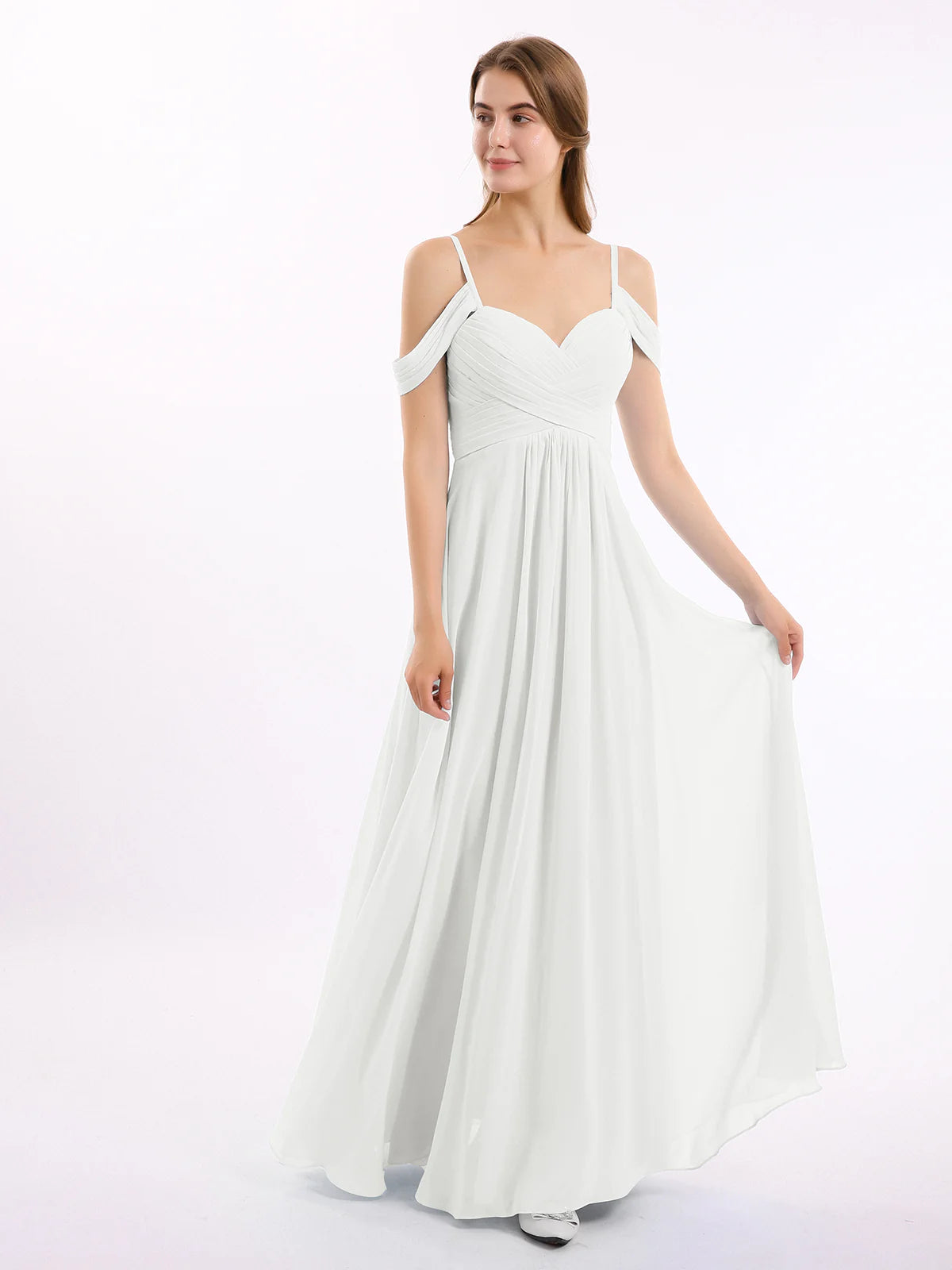 Off Shoulder Spaghetti Strap Sweetheart Ruched Chiffon Bridesmaid Maxi Dress
