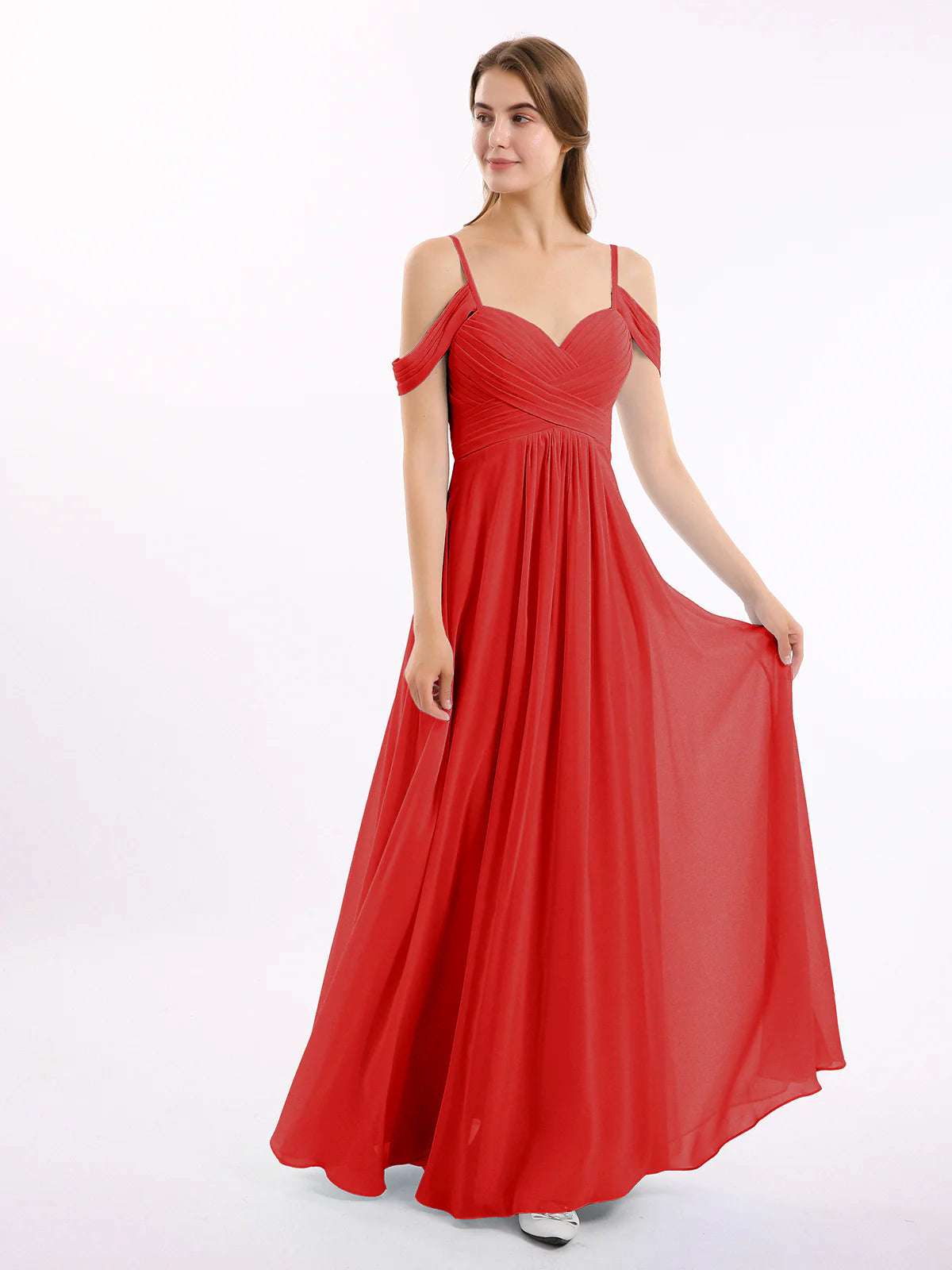 Off Shoulder Spaghetti Strap Sweetheart Ruched Chiffon Bridesmaid Maxi Dress