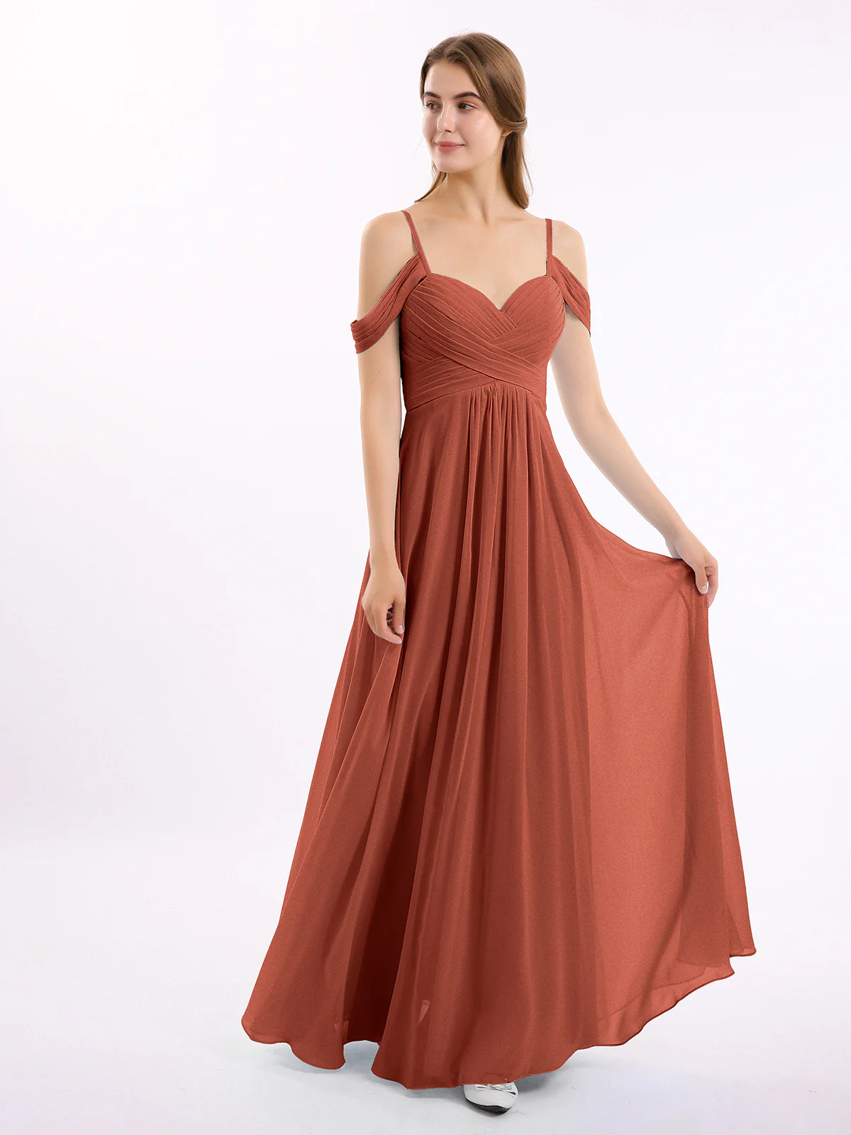 Off Shoulder Spaghetti Strap Sweetheart Ruched Chiffon Bridesmaid Maxi Dress