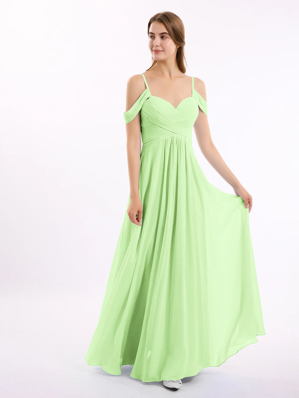 Off Shoulder Spaghetti Strap Sweetheart Ruched Chiffon Bridesmaid Maxi Dress