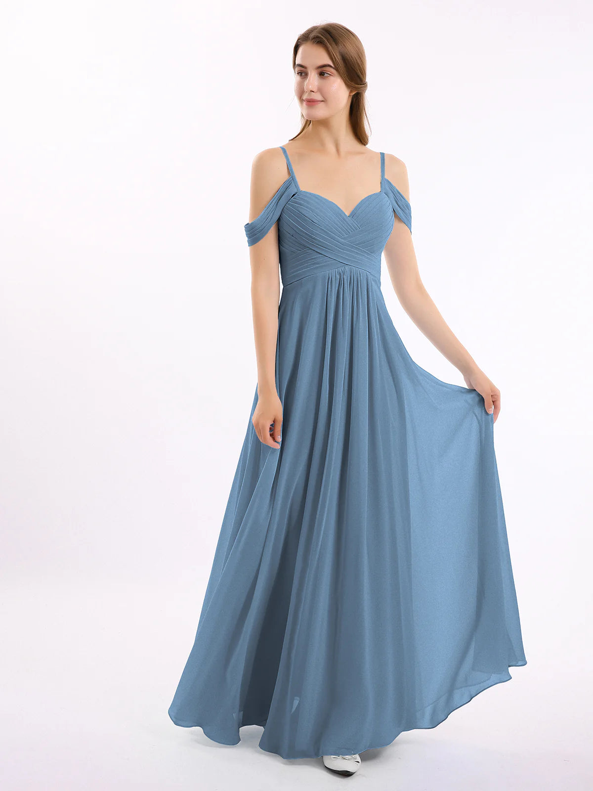 Off Shoulder Spaghetti Strap Sweetheart Ruched Chiffon Bridesmaid Maxi Dress