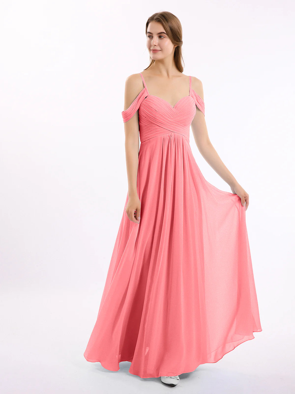Off Shoulder Spaghetti Strap Sweetheart Ruched Chiffon Bridesmaid Maxi Dress