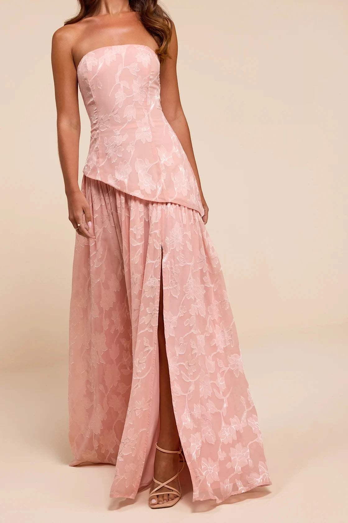 Dusty Pink A Line Strapless Straight Open Back Slit Maxi Bridesmaid Gown Vedress