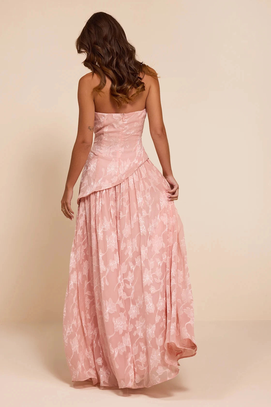 Dusty Pink A Line Strapless Straight Open Back Slit Maxi Bridesmaid Gown Vedress