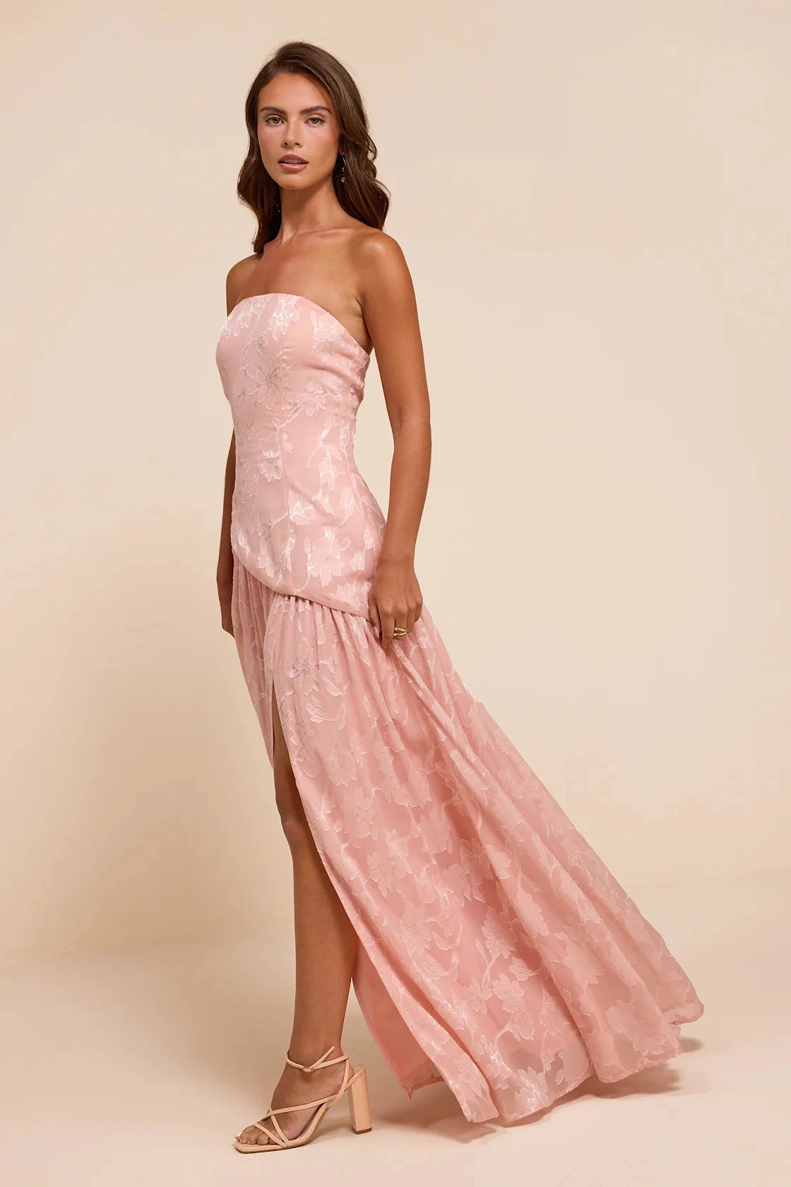 Dusty Pink A Line Strapless Straight Open Back Slit Maxi Bridesmaid Gown Vedress