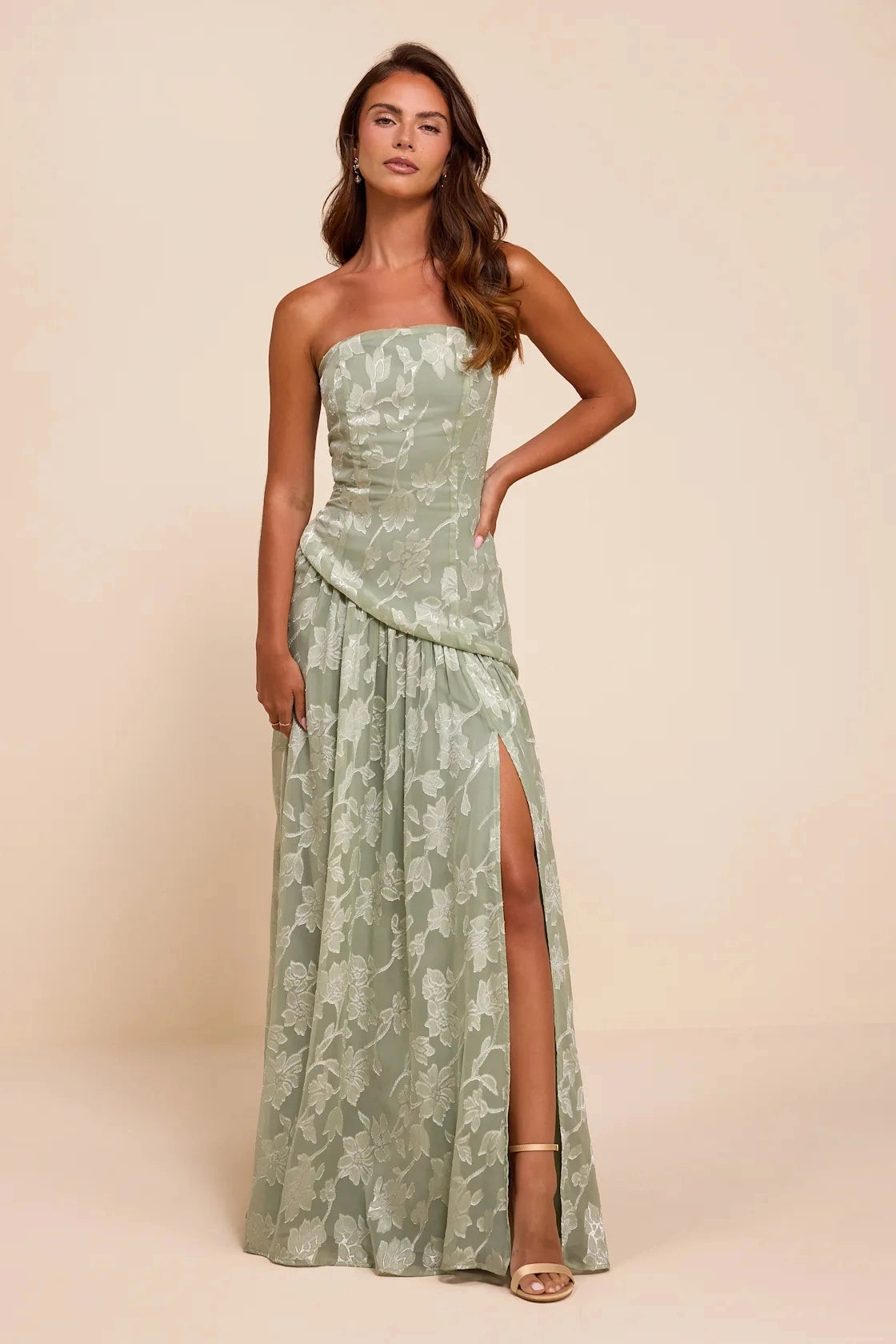 Dusty Pink A Line Strapless Straight Open Back Slit Maxi Bridesmaid Gown Vedress