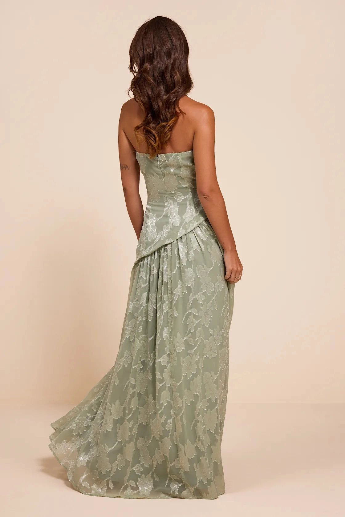 Dusty Pink A Line Strapless Straight Open Back Slit Maxi Bridesmaid Gown Vedress