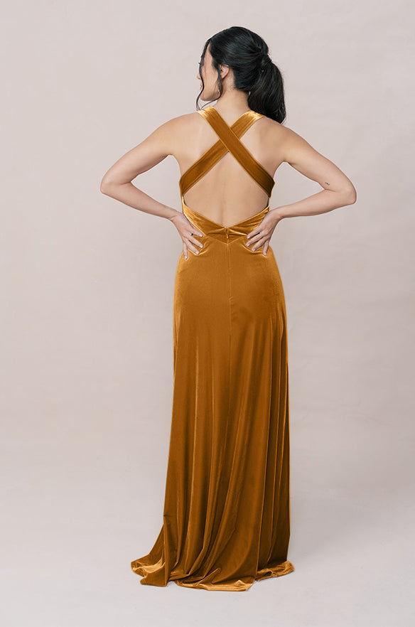 Women's Velvet Deep V-Neck Floor length Bridesmaid Dress with Crisscross Low Back Versatile for Formal Weddings