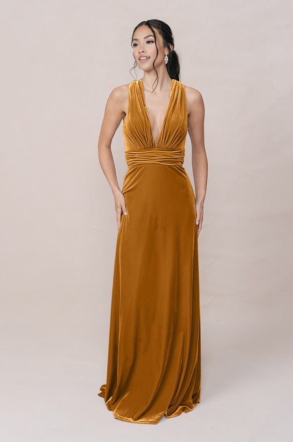 Women's Velvet Deep V-Neck Floor length Bridesmaid Dress with Crisscross Low Back Versatile for Formal Weddings