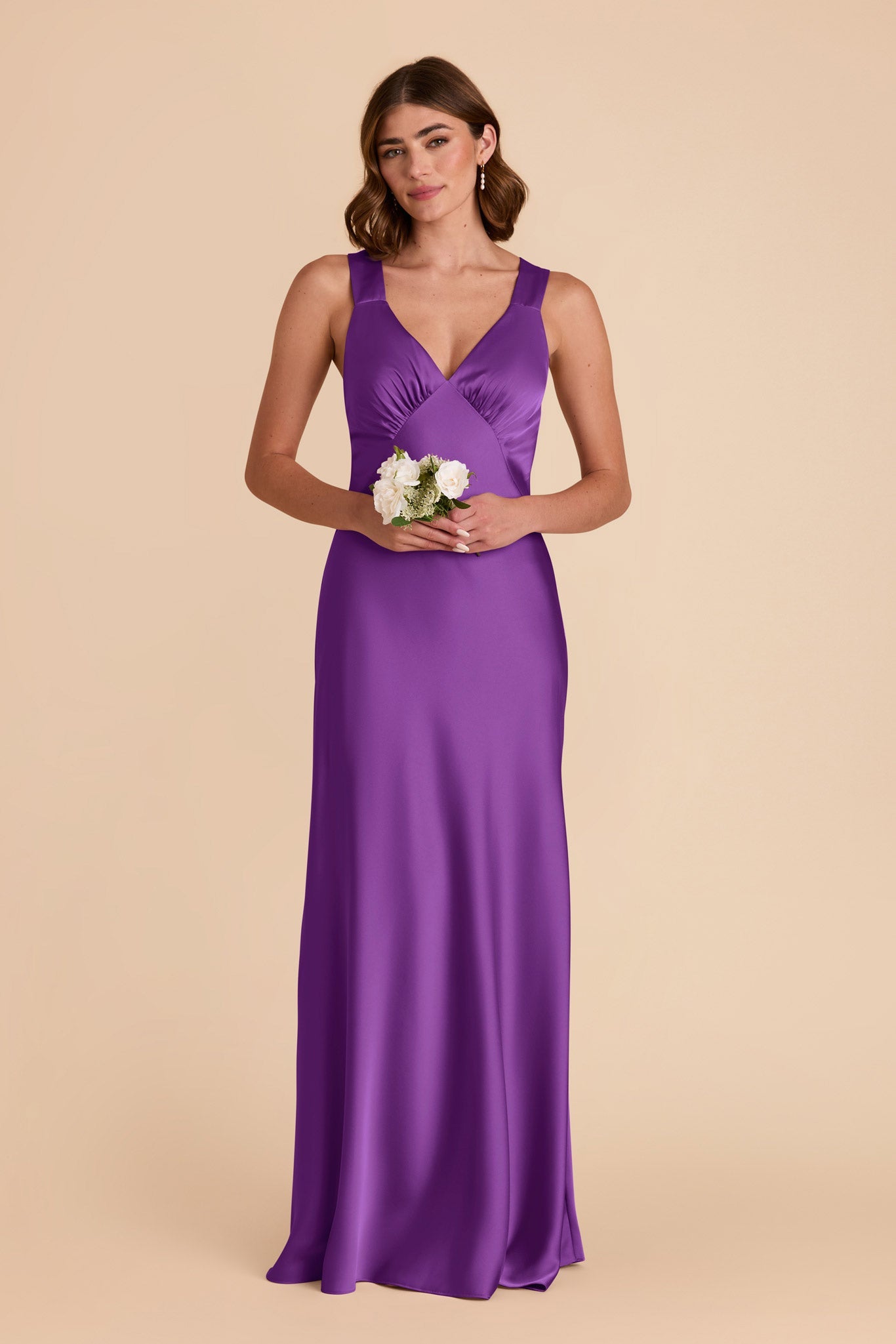 Women's Satin V-Neck Bridesmaid Dresses Maxi Dress with Crisscross Back Straps & Ruched Bust Formal Evening Gown