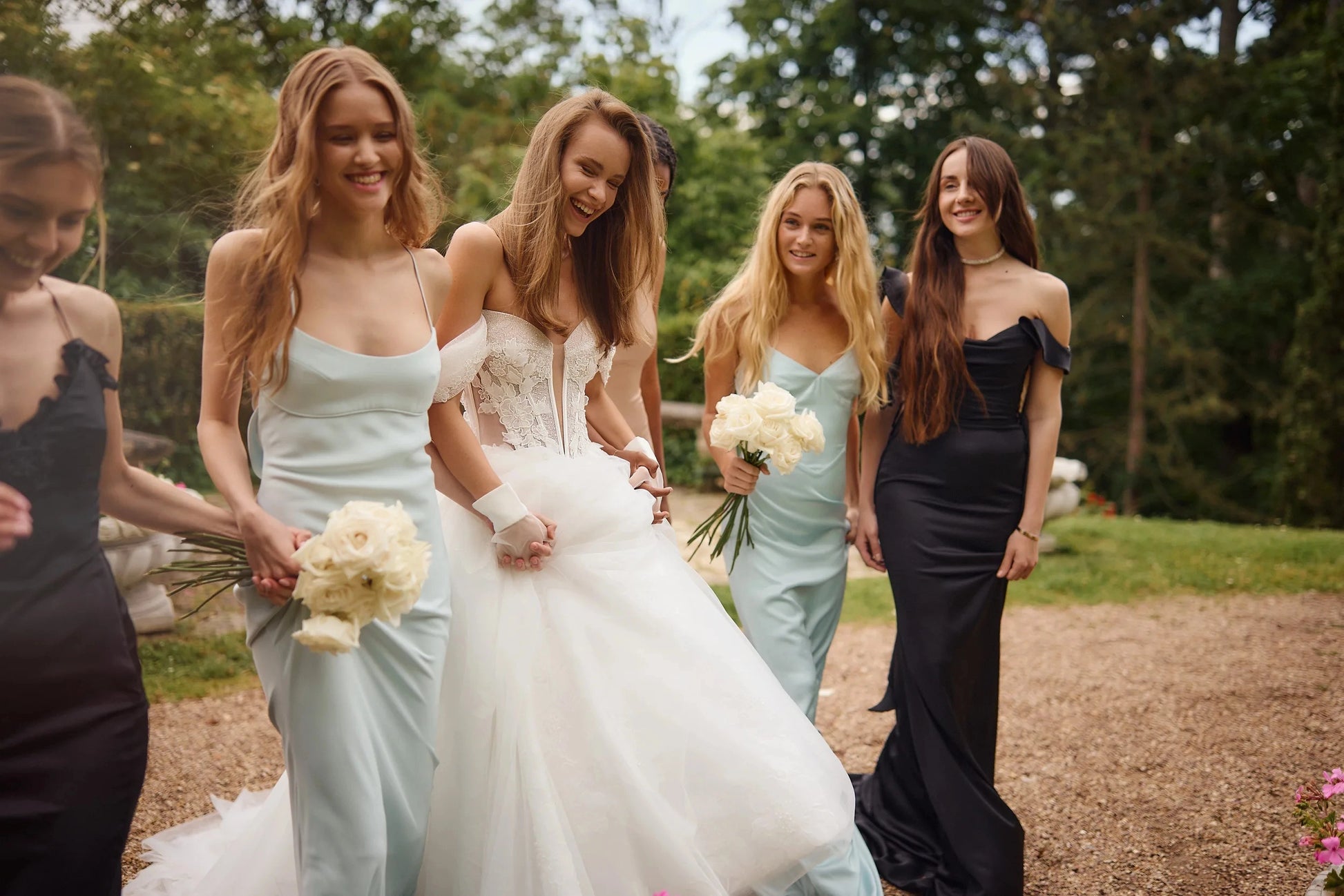 Romantic A Line Off Shoulder Corset Back Slit Chapel Train Wedding Dress