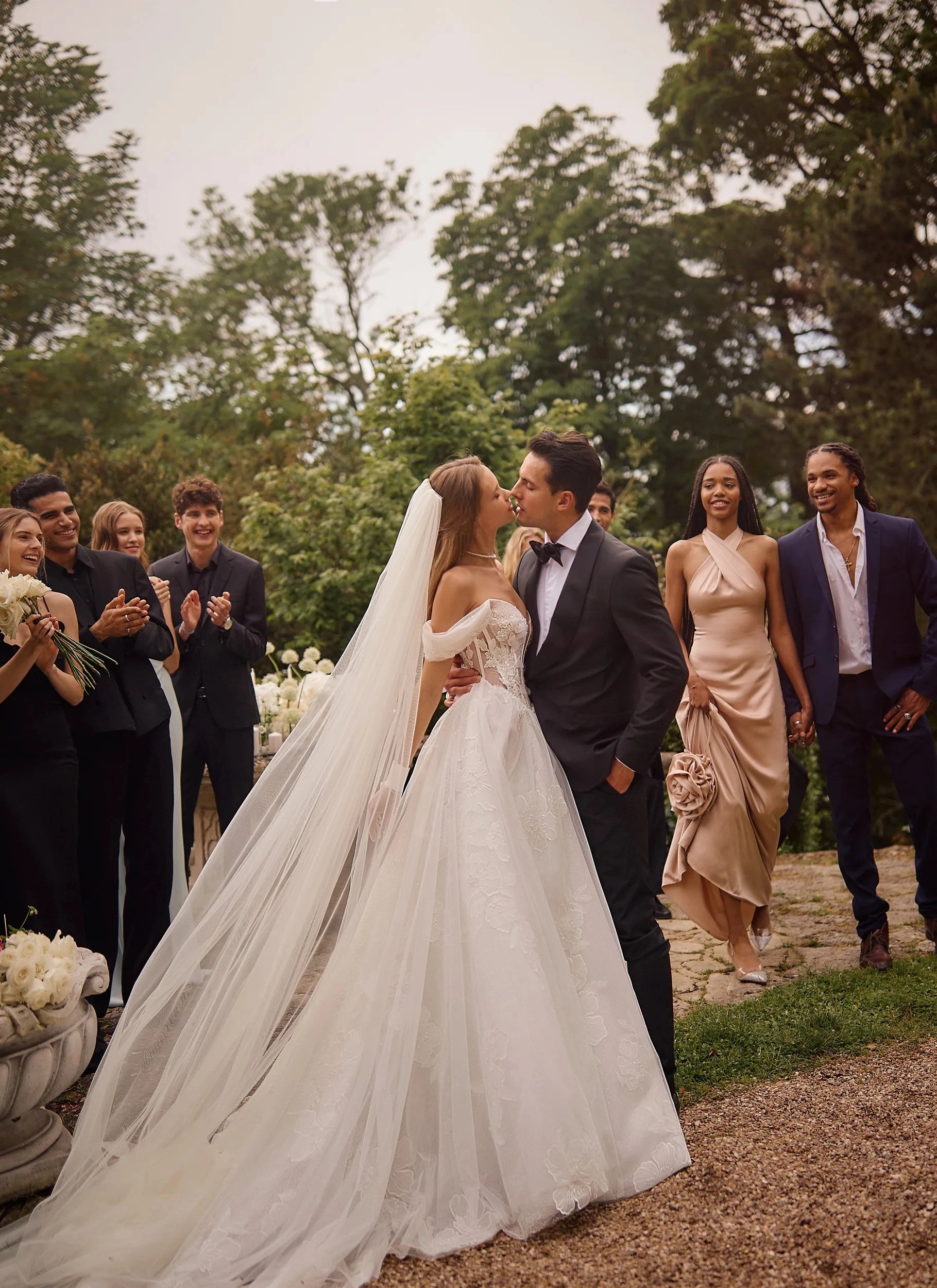 Romantic A Line Off Shoulder Corset Back Slit Chapel Train Wedding Dress