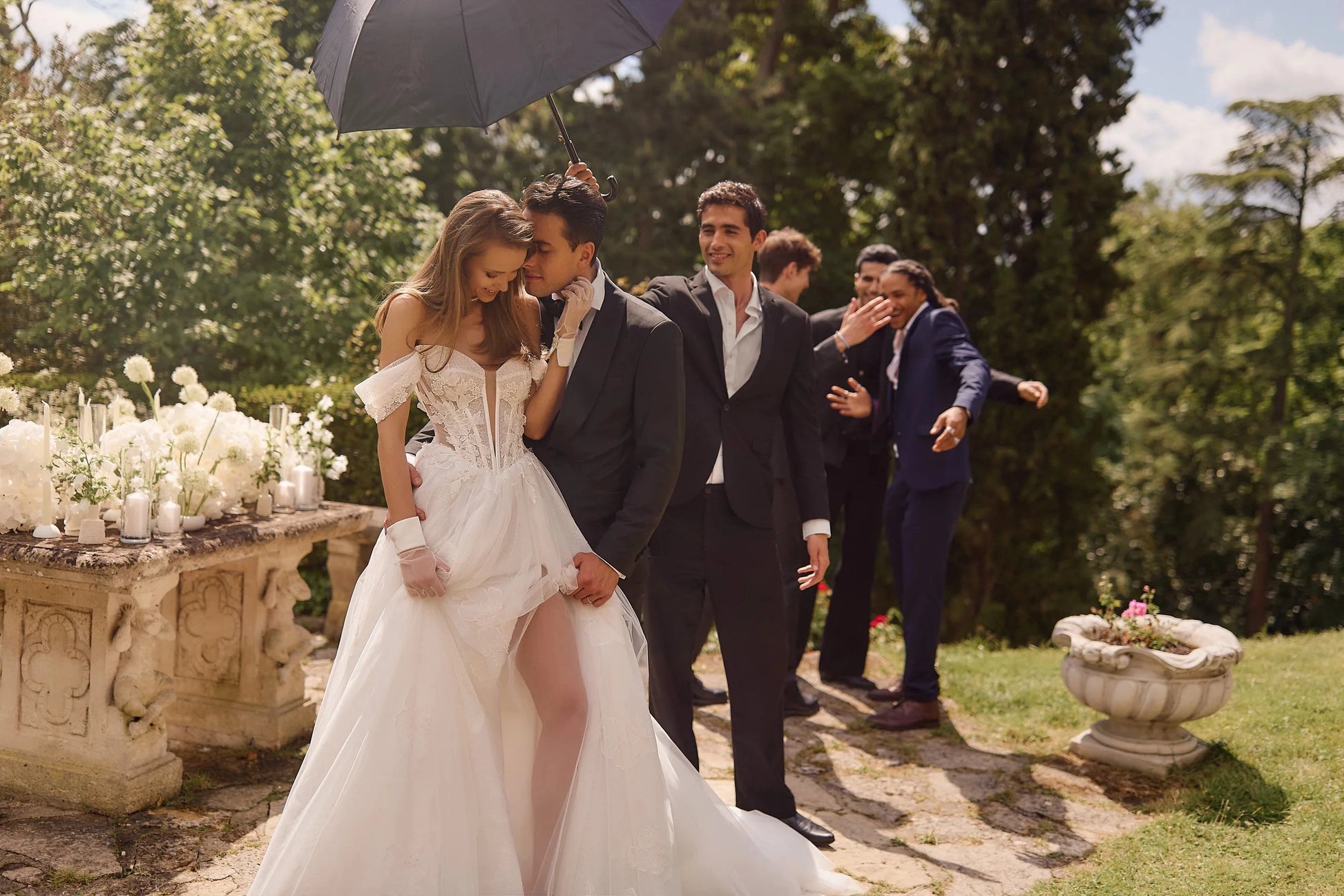 Romantic A Line Off Shoulder Corset Back Slit Chapel Train Wedding Dress