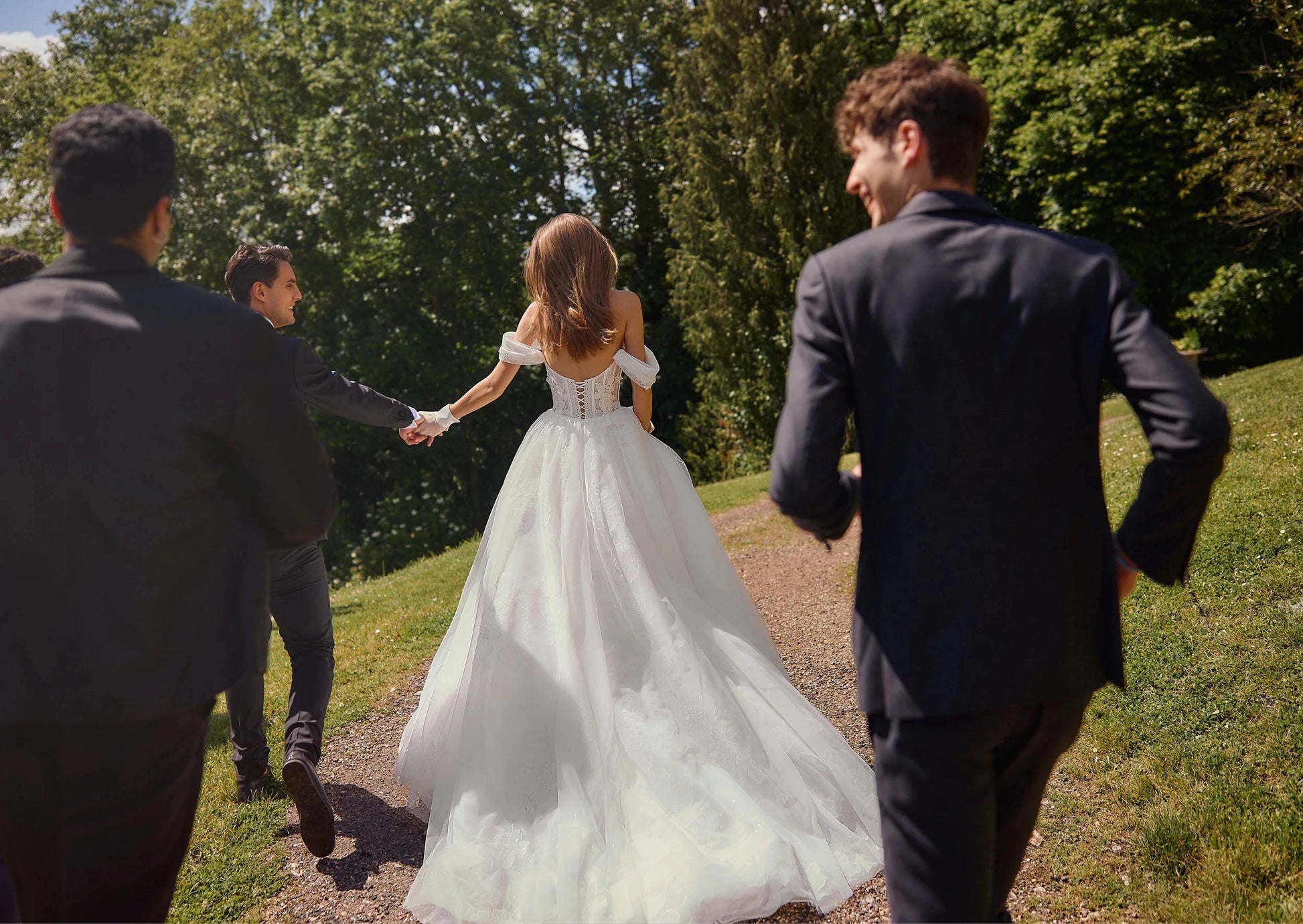 Romantic A Line Off Shoulder Corset Back Slit Chapel Train Wedding Dress