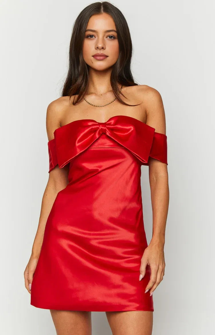 Red A-Line Off Shoulder Short Sleeve Tie Back Mini Homecoming Dress