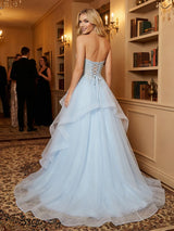 Appliqued Ball-Gown Strapless Sweetheart Tulle Sweep-Train Lace-Up Prom Dress