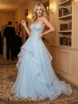Appliqued Ball-Gown Strapless Sweetheart Tulle Sweep-Train Lace-Up Prom Dress
