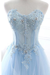 Appliqued Ball-Gown Strapless Sweetheart Tulle Sweep-Train Lace-Up Prom Dress