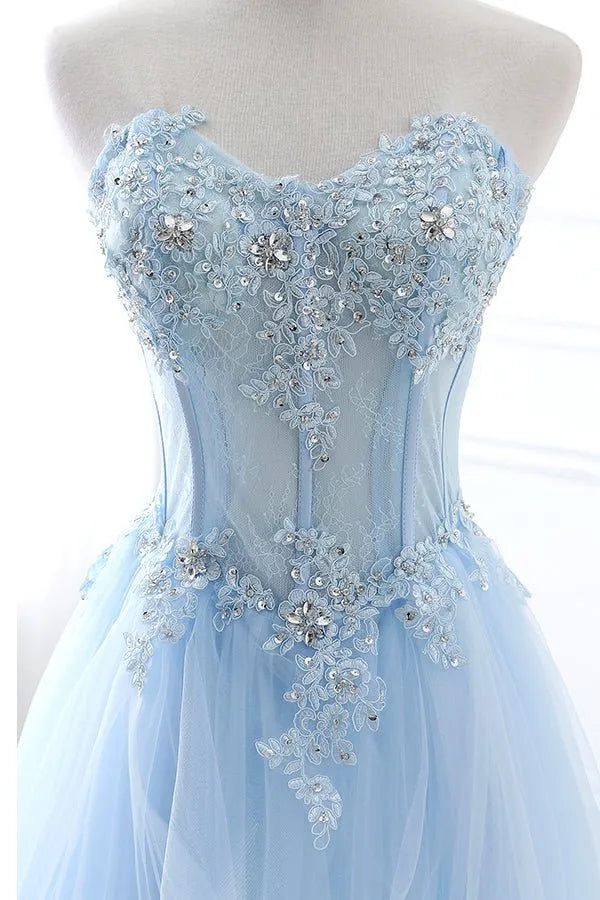 Appliqued Ball-Gown Strapless Sweetheart Tulle Sweep-Train Lace-Up Prom Dress