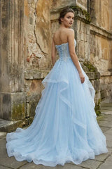 Appliqued Ball-Gown Strapless Sweetheart Tulle Sweep-Train Lace-Up Prom Dress