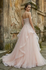 Appliqued Ball-Gown Strapless Sweetheart Tulle Sweep-Train Lace-Up Prom Dress
