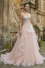 Appliqued Ball-Gown Strapless Sweetheart Tulle Sweep-Train Lace-Up Prom Dress
