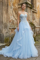 Appliqued Ball-Gown Strapless Sweetheart Tulle Sweep-Train Lace-Up Prom Dress