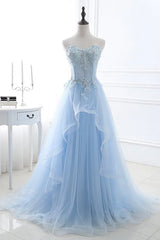 Appliqued Ball-Gown Strapless Sweetheart Tulle Sweep-Train Lace-Up Prom Dress