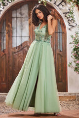 Appliqued Spaghetti Strap A-line Princess Prom Dress Tulle Slit Formal Gown