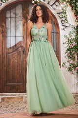 Appliqued Spaghetti Strap A-line Princess Prom Dress Tulle Slit Formal Gown