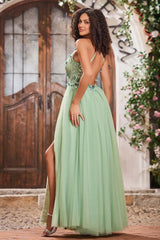 Appliqued Spaghetti Strap A-line Princess Prom Dress Tulle Slit Formal Gown