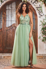 Appliqued Spaghetti Strap A-line Princess Prom Dress Tulle Slit Formal Gown