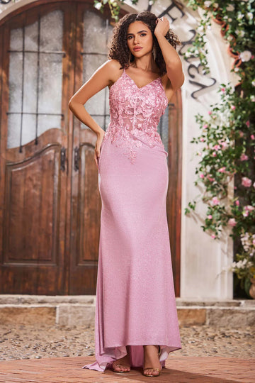 Appliqued Spaghetti Strap Glitter Mermaid Formal Maxi Dress