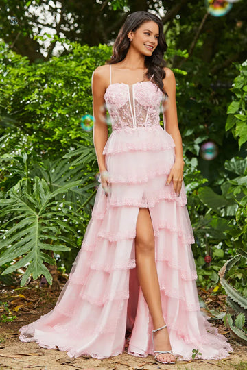 A-line Princess Appliqued Spaghetti Strap Prom Dress Tiered Tulle Slit Formal Gown