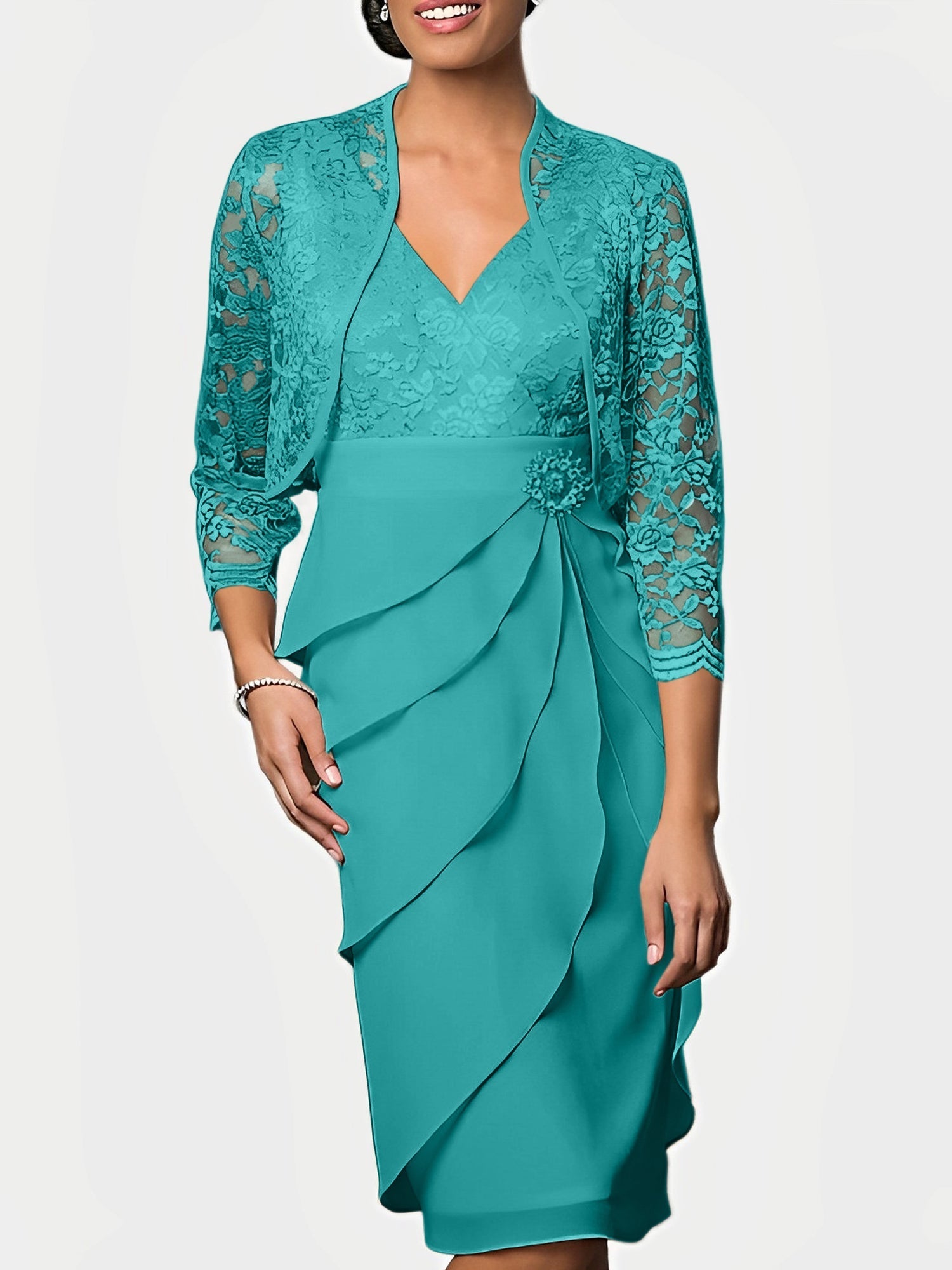 Women's Elegant Two-Piece Lace & Ruffle Formal Dress Set with Jacket Mother of the Bride Dress