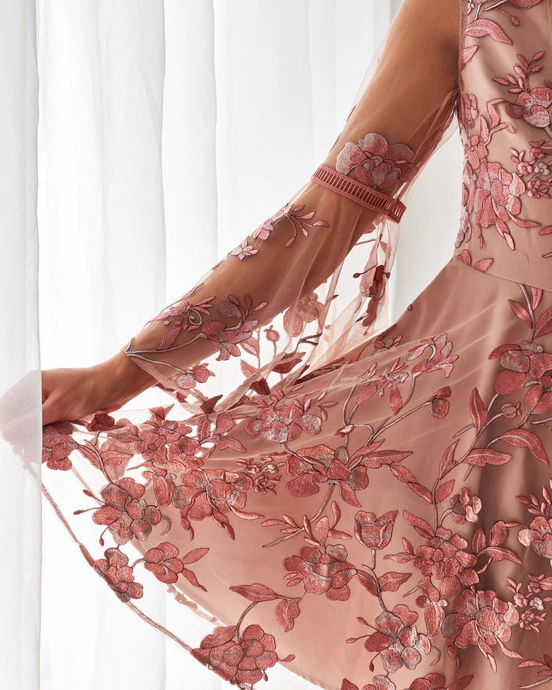 Asymmetrical One-Shoulder Bell Sleeve Embroidered A-Line Mini Cocktail Dress