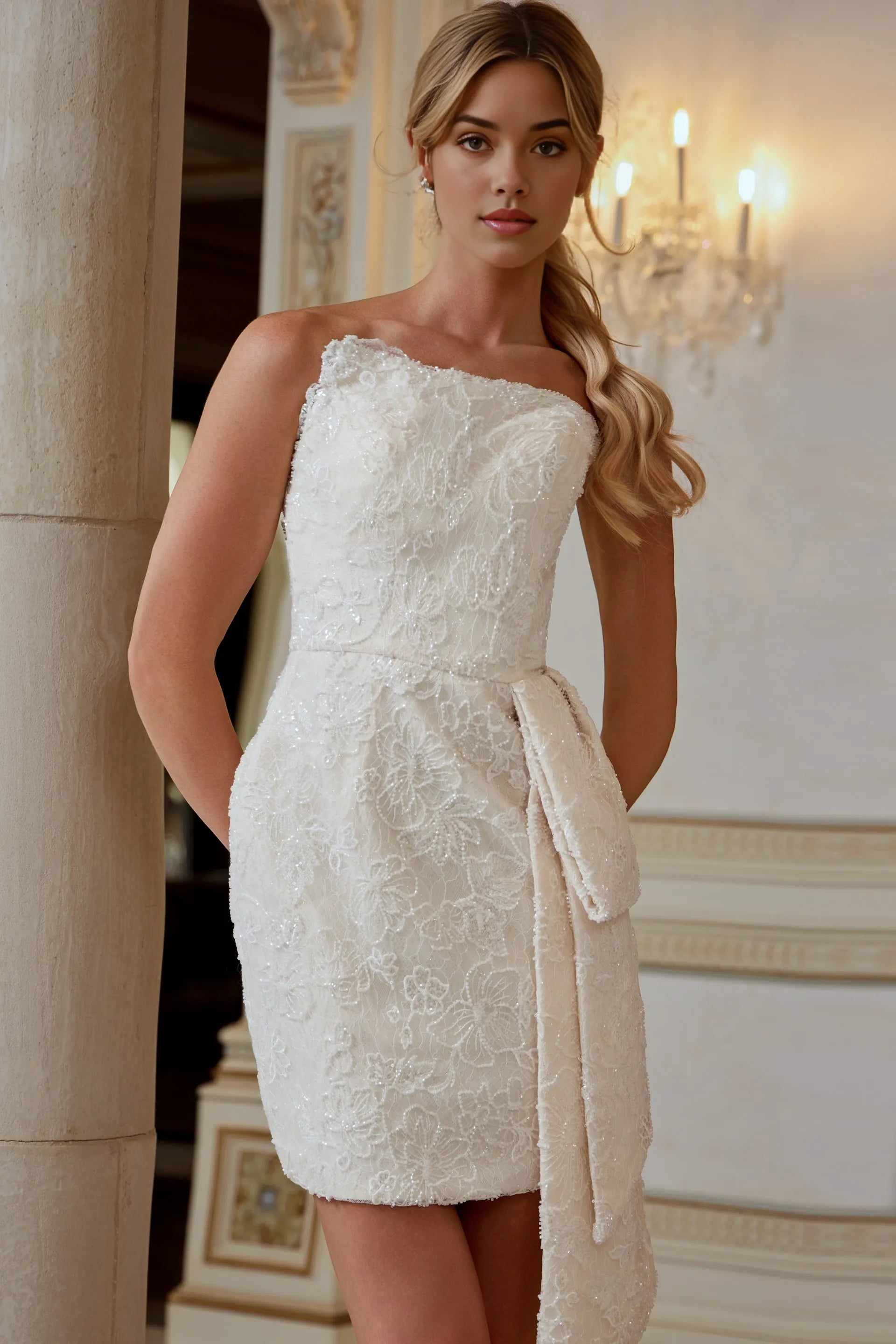 Vestido de novia o de regreso a casa corto de encaje sin tirantes asimétrico con corte tipo vaina