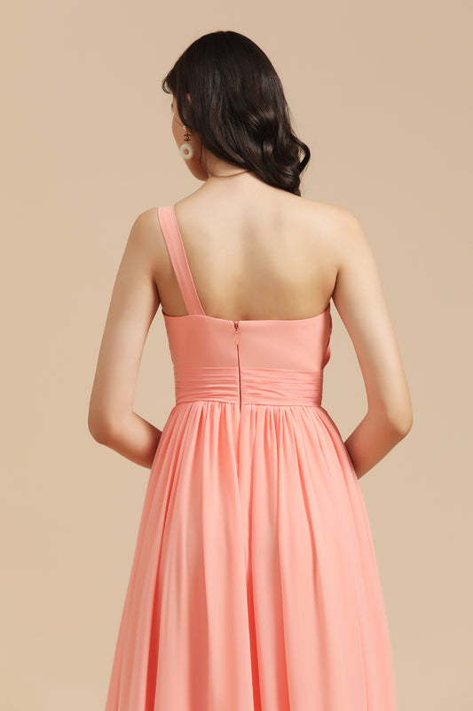 Simple Long One Shoulder Asymmetrical Sleeveless A Line Chiffon With Pleated Bridesmaid Dress