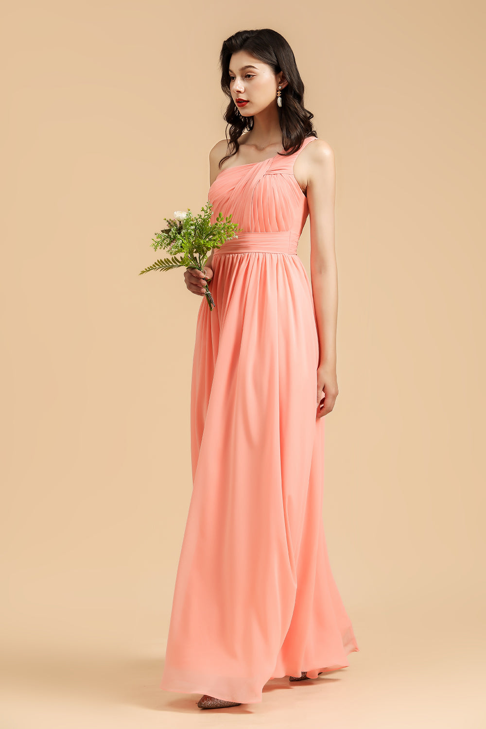 Simple Long One Shoulder Asymmetrical Sleeveless A Line Chiffon With Pleated Bridesmaid Dress