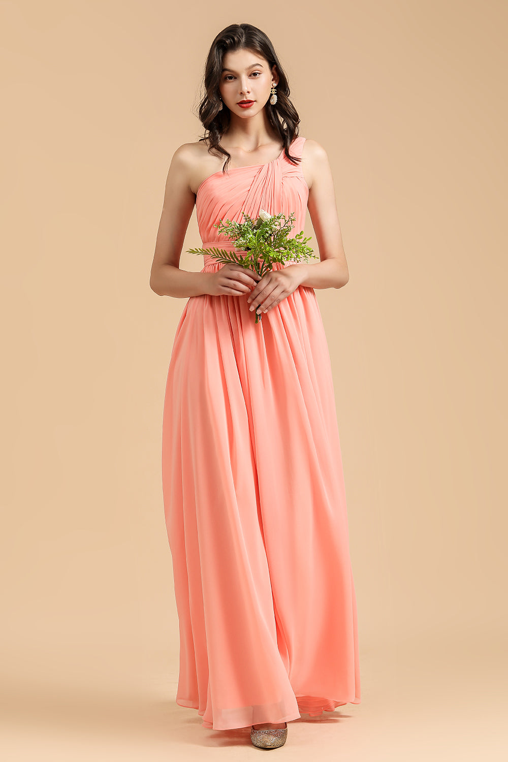Simple Long One Shoulder Asymmetrical Sleeveless A Line Chiffon With Pleated Bridesmaid Dress