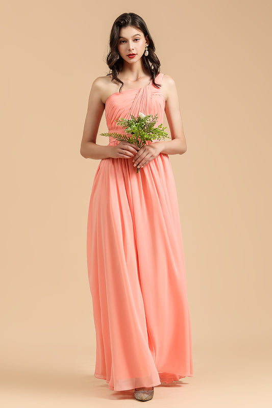Simple Long One Shoulder Asymmetrical Sleeveless A Line Chiffon With Pleated Bridesmaid Dress